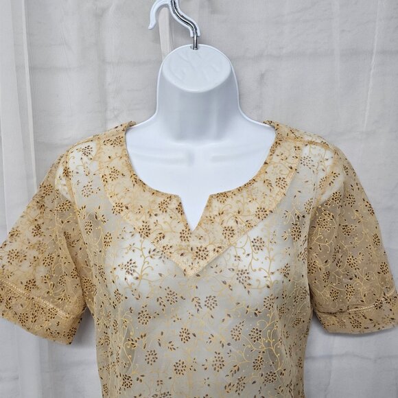 John & Philip Tan Gold Fairy Twee Blouse Sheer Floral Coquette Whimsy M - Picture 2 of 9